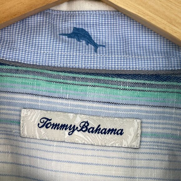Tommy Bahama Mens Large Stripe Linen Blend Button Up Shirt Long Sleeve Top - Picture 4 of 10